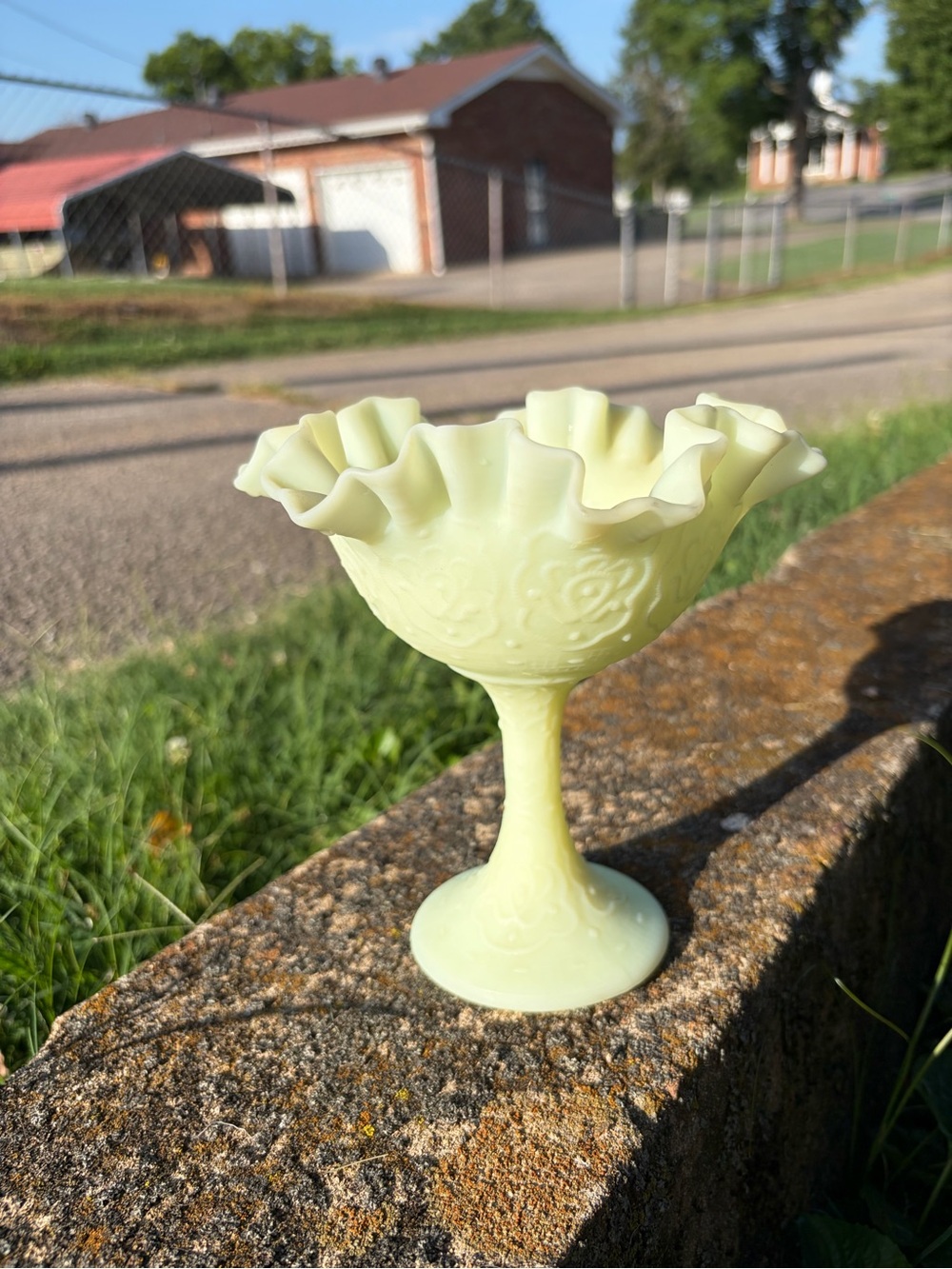 Fenton Uranium Persian Medallion Custard Glass Pedestal Candy Dish